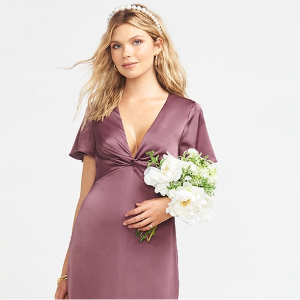 Show Me Your Mumu Rome Twist Front Mini Dress Sz XS in Dusty Plum Luxe Satin